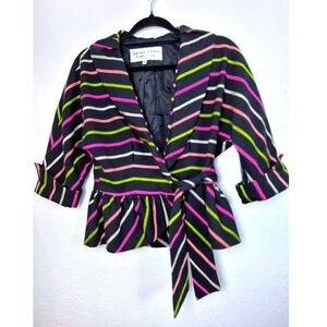 Trina Turk Womens 6 Black Striped Wrap Peplum Top Shawl Collar Short Sleeve